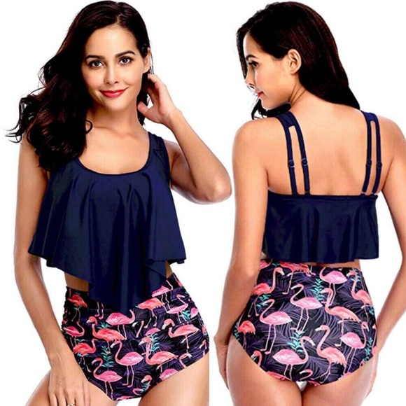 Shmily Womens High Waisted Tummy Control Flounce Racerback Vintage Two Piece - Picture 2 of 4